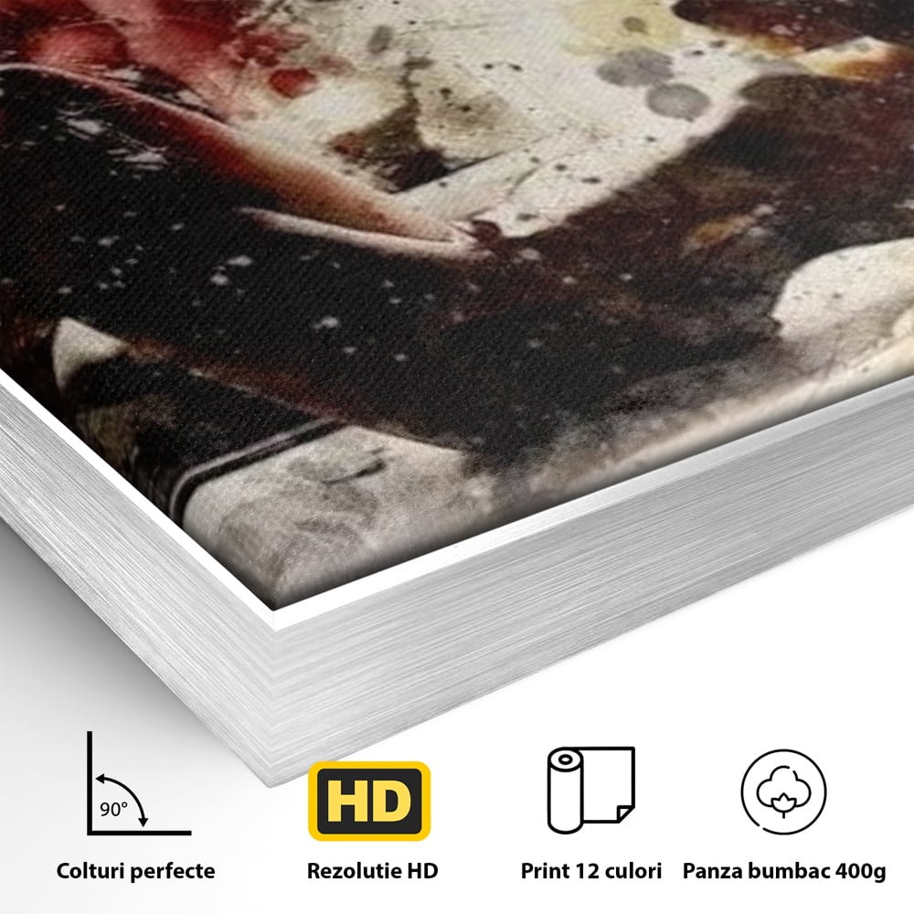 Detaliu al suprafetei: tablou canvas cu silueta si trompeta, in rama de aluminiu argintiu